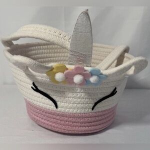 Unicorn Nursery Storage Basket Easter Toy Bin Pink White Rope Kids Organizer #1
